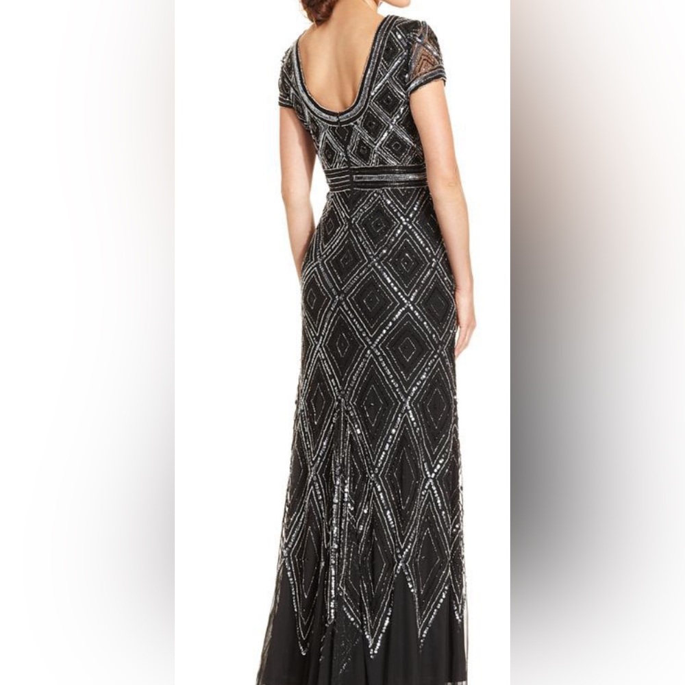 NWT Adrianna Papell Art Deco Diamond Beaded Evening Gown with Cap Sleeves - Picture 14 of 16